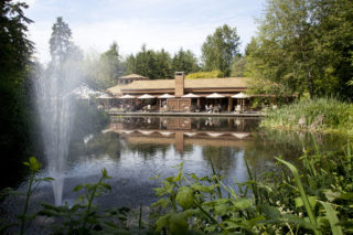 A pond surrounded by trees features a large spray of water on the left side. In the background is a long brown building with outdoor tables & umbrellas.