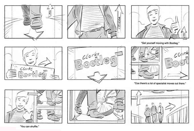 Storyboard showing a young man getting new shoes